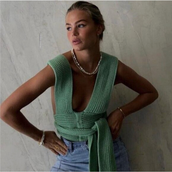 Simonett Spring Nanu Knit Tie Up Top S/M Green Cotton - Picture 3 of 8